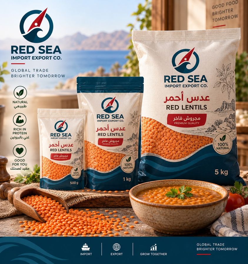 Red lentils in sacks and bowls